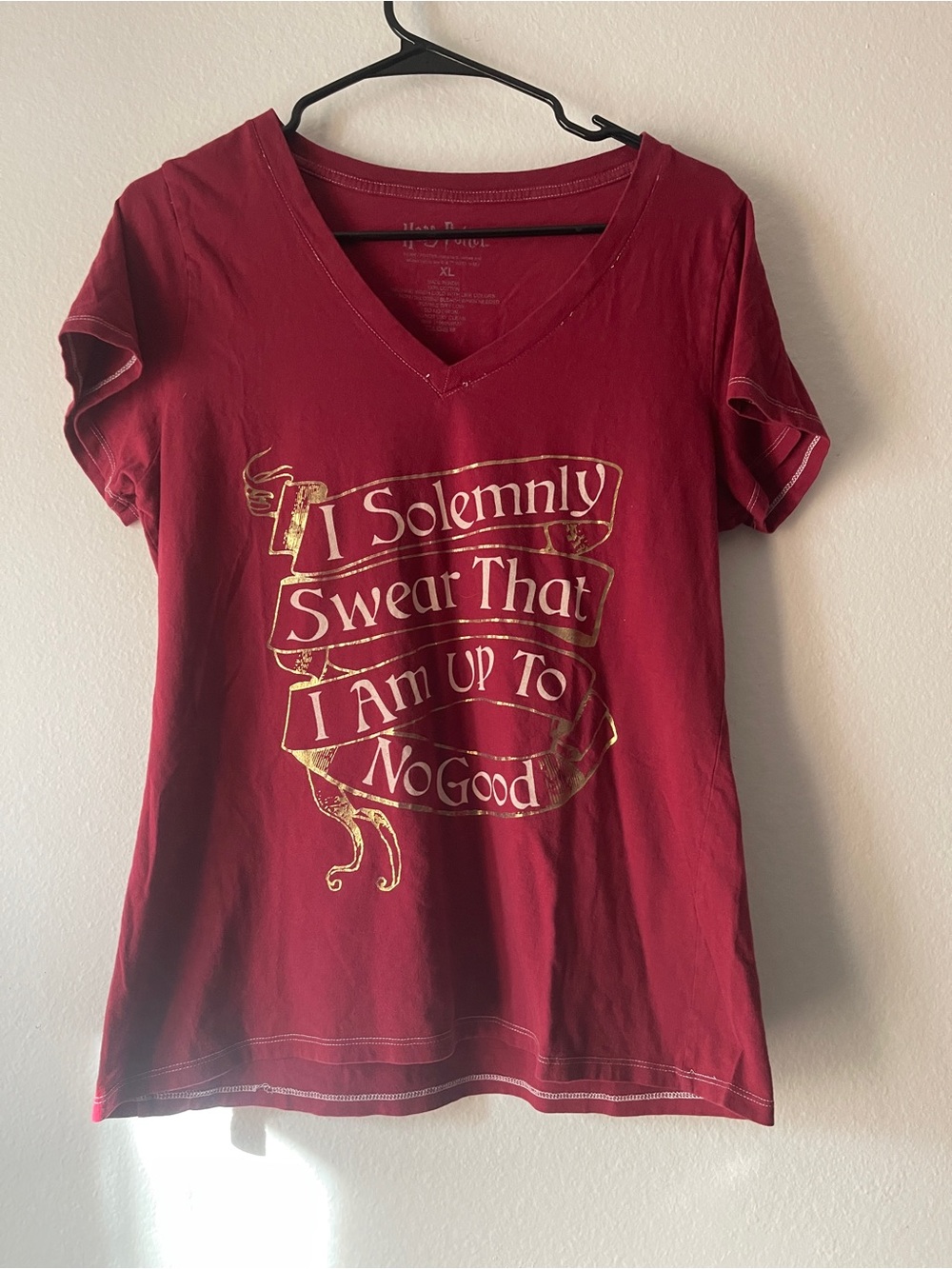 Harry Potter V-Neck Short Sleeve Tee in Red with Gold Script